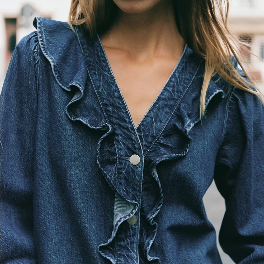 Zara Denim Ruffle Shirt - Picture 4 of 11